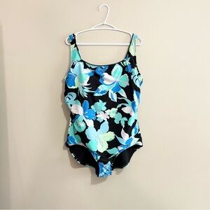 Black & Blue Tropical Floral One Piece Swimsuit Plus Size